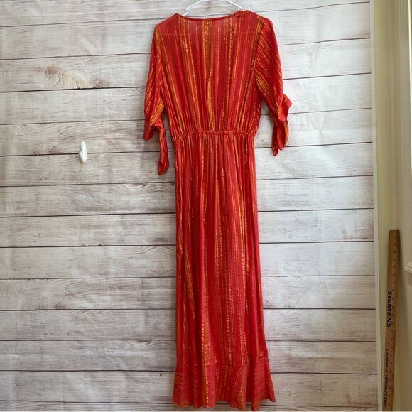 MICHAEL KORS METALLIC CREPE WRAP MAXI DRESS IN ORANGE - Picture 6 of 8